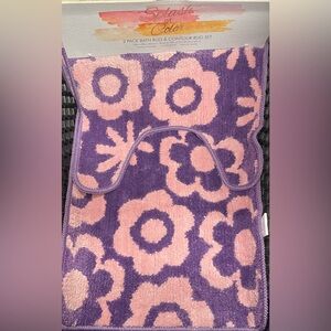 Purple and Pink Floral Patterned Bath Rug Set